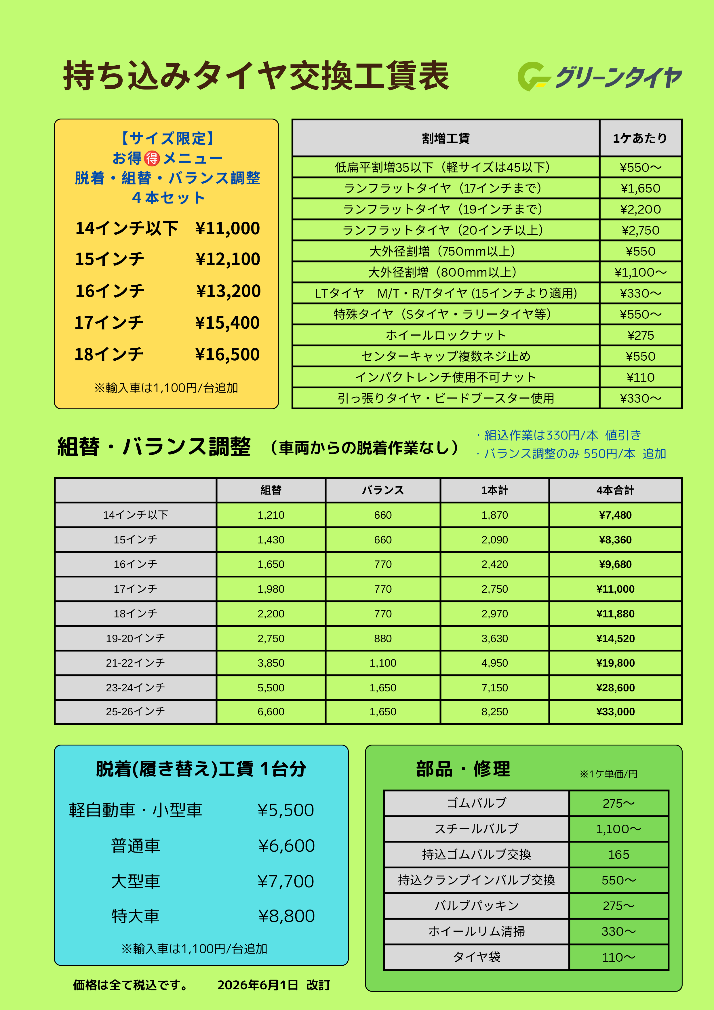 工賃一覧表